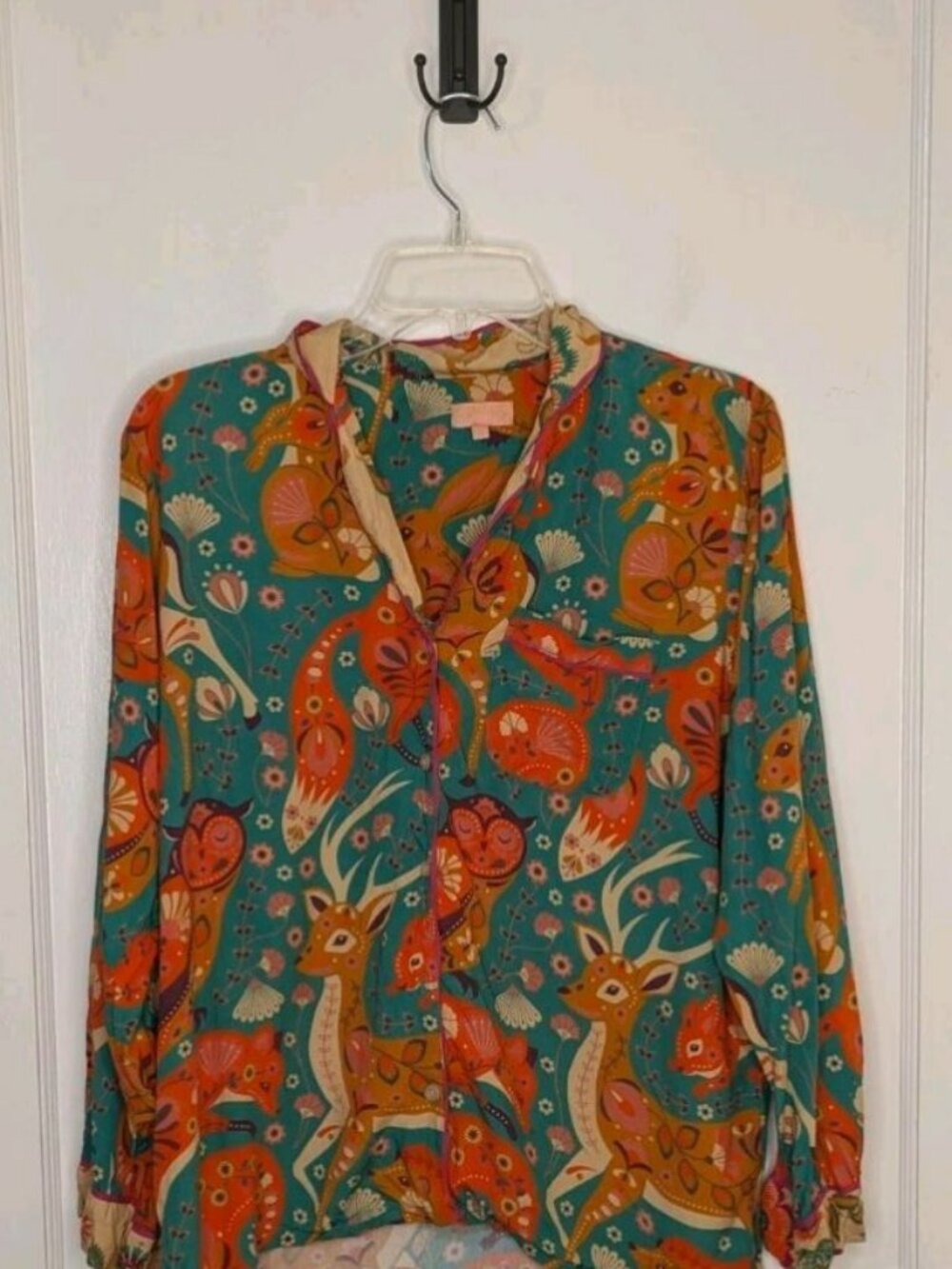 Size Small Powder UK Folk Art Forest Friends Teal Pajama Top Floral Modal